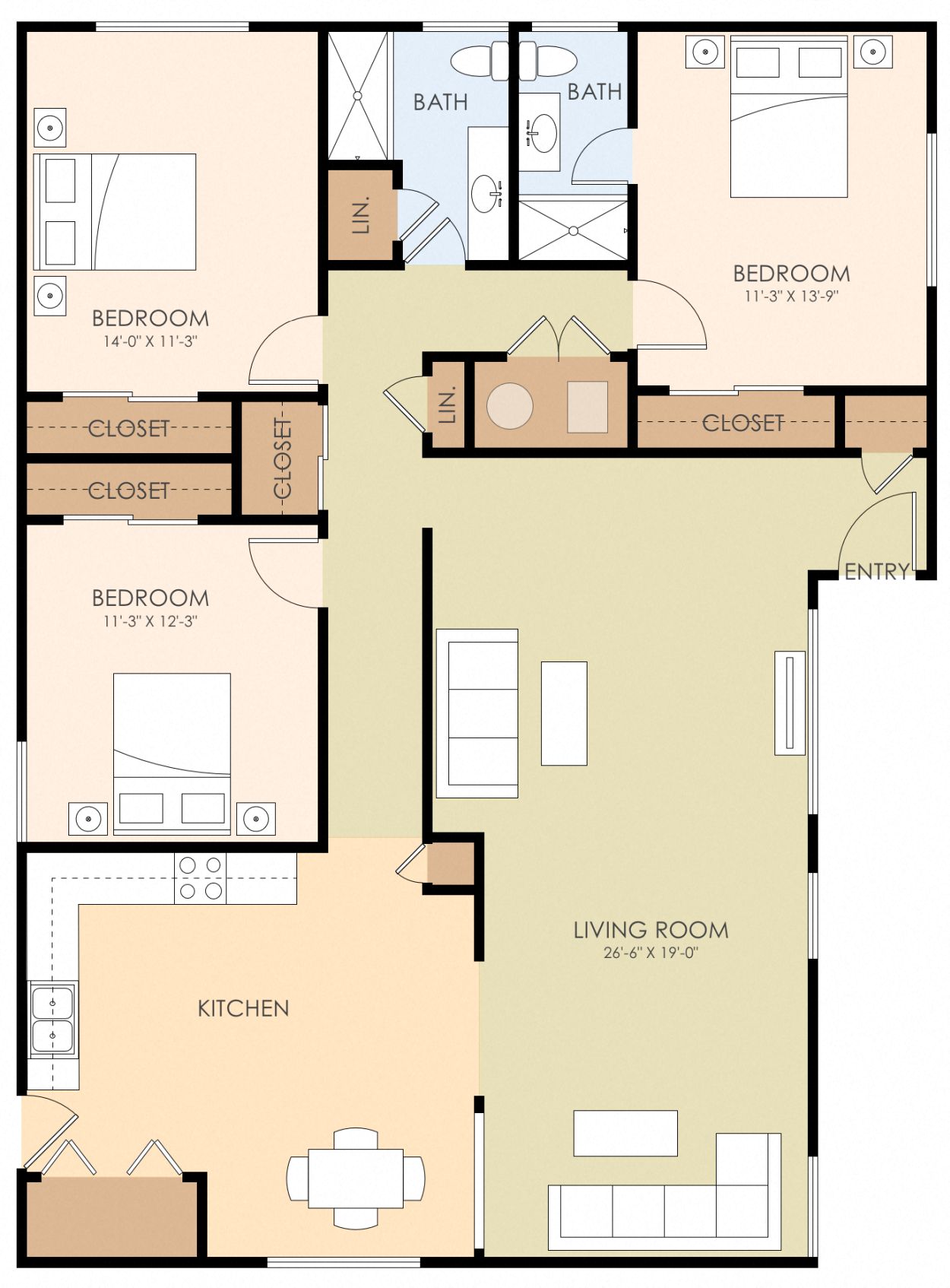 Floor plan for 3 beds, 2 baths, 1521 sqft